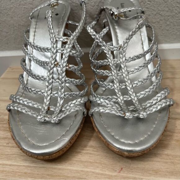 Kate Spade Felix Silver Leather Cork Wedge Sandal 9.5 - Picture 6 of 6